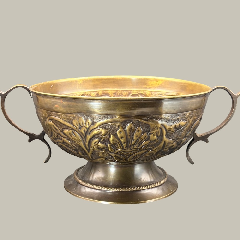Vintage Brass Pedestal Bowl Ornate Repousse Floral Scroll Handles India Regency